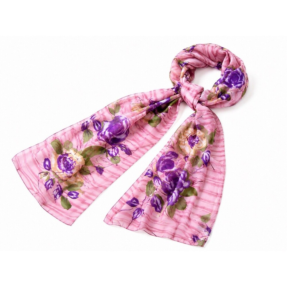 1950s Vintage Pink  Floral Hair Neck Scarf Sheer Chiffon Watercolor Rose 60x11